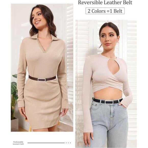 Women Reversible Leather Belt Skinny Two in One Gold Buckle Adjustable Fashion - Picture 3 of 7